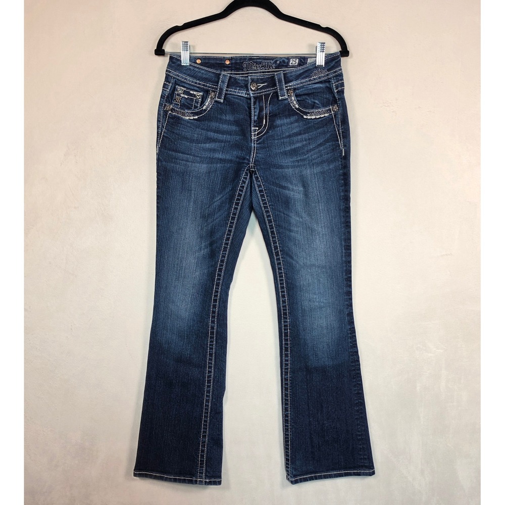 Miss Me Jeans Women's 25 Easy Boot Cut Low Rise Dark Wash Embellished Flare - Picture 6 of 16